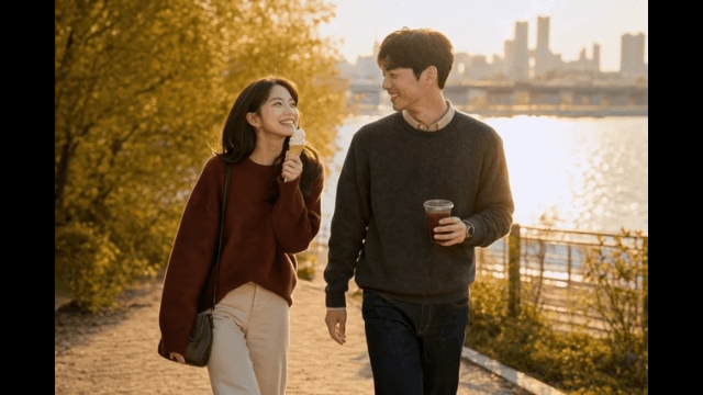 Couple walking along riverbank