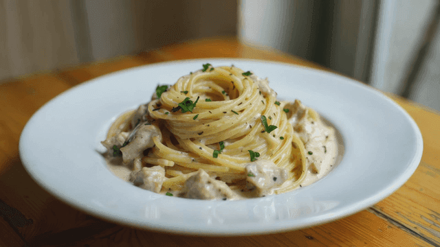 Creamy pasta with herbs on a wooden table