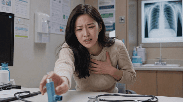 Female patient attempting to grab inhaler in examination room