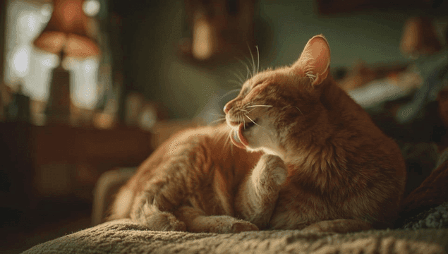 Cat grooming on a sofa