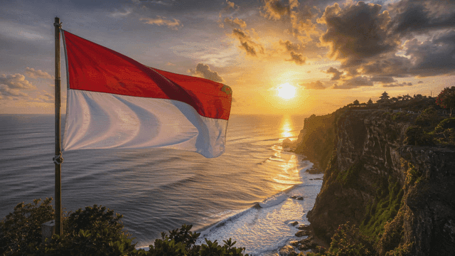 Sunset scenery with Indonesian flag by sea