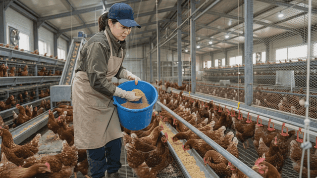 Worker feeding chickens at poultry farm