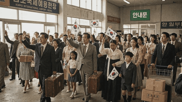 People in airline waiting room returning home holding Korean flag in 70s