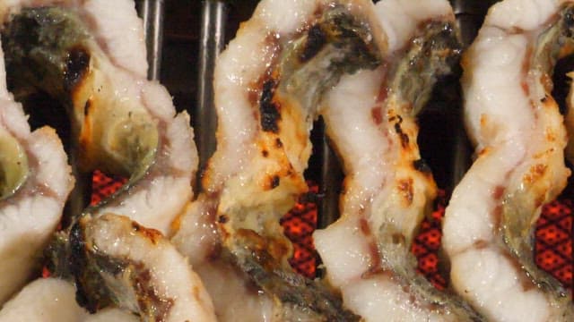 그릴에서 먹음직스럽게 구워지는 장어 조각