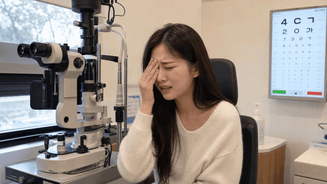 Woman with her eyes covered at ophthalmology clinic