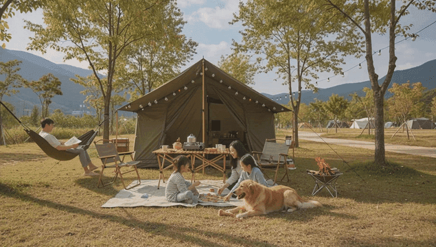 Family camping with a tent and a dog