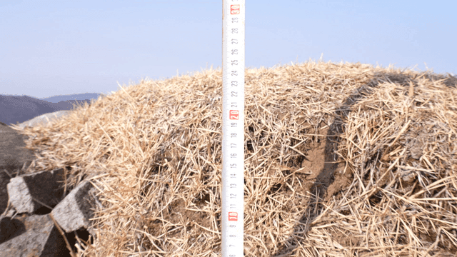 Measuring tape on dry grass and soil