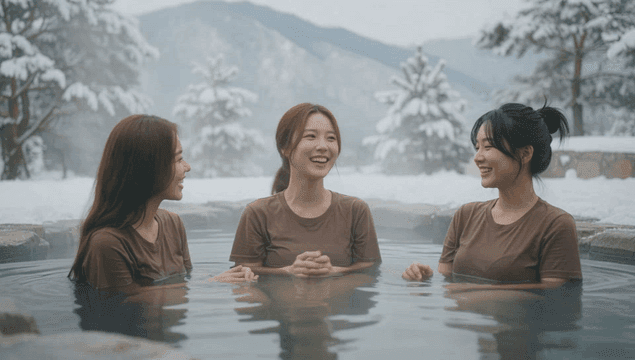 겨울 온천을 즐기는 친구들