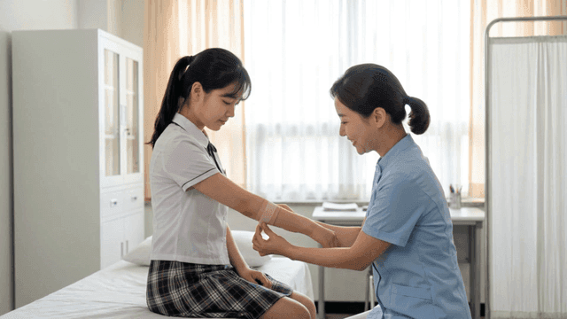 Nurse wrapping bandage around student's arm