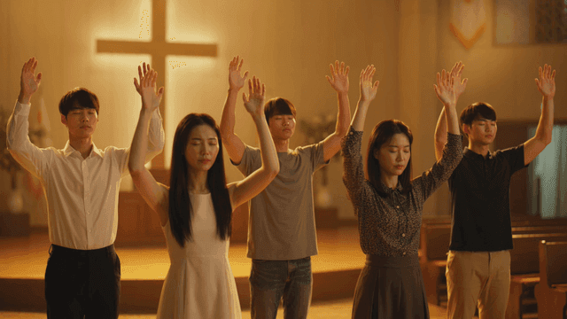 People praying with raised hands in a church