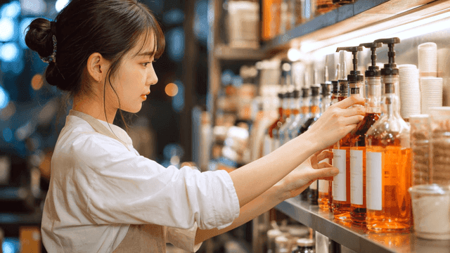 카페 주방에 시럽을 정리하는 여성