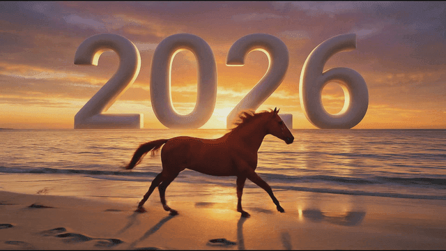 Red horse running along beach where new year of 2026 is rising