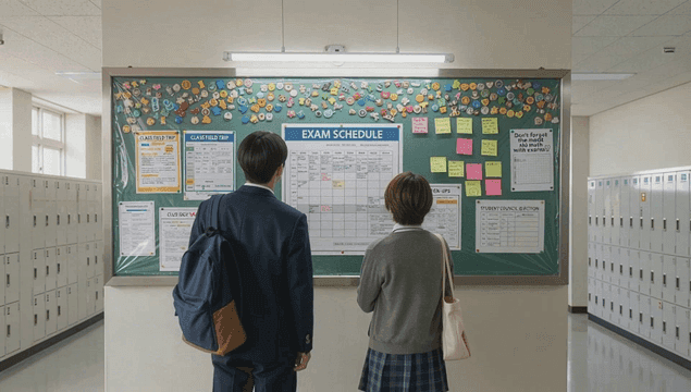 Students checking exam schedules on the school bulletin board