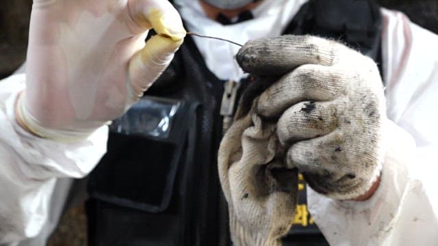 방호복을 입은 연구진이 와이어를 면밀히 조사하는 모습