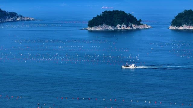 Boat sailing through aquaculture farms in ocean