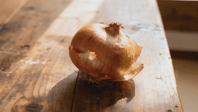 나무 테이블 위에 놓인 양파