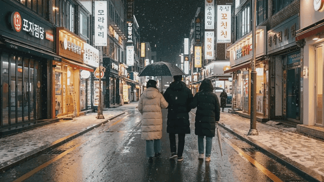 Backs of people walking down snowy street at night