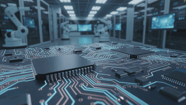 Microchips on a circuit board in a lab