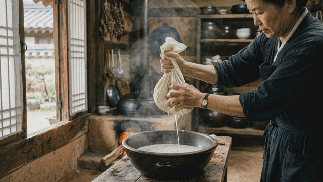 Woman making tofu in traditional Korean kitchen