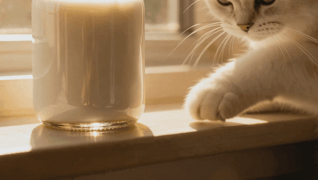 우유병 옆 창가에 앉아 있는 고양이