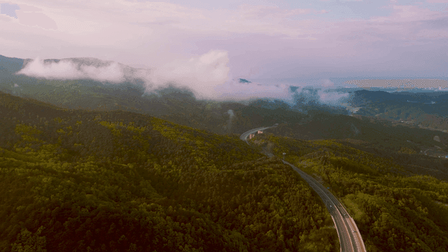 가로지르는 구불구불한 도로가 있는 푸른 산