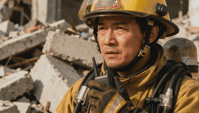 재난 지역에서 무전기로 소통하는 소방관
