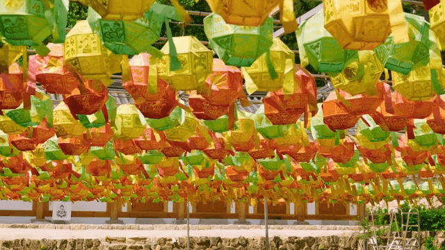Colorful lanterns hanging at a temple
