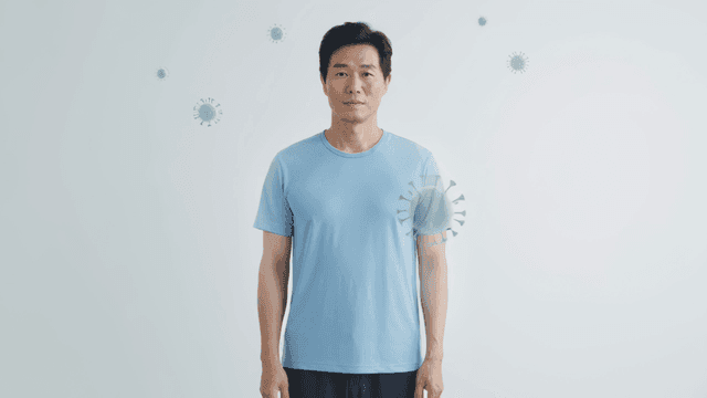 Virus and man in blue T-shirt