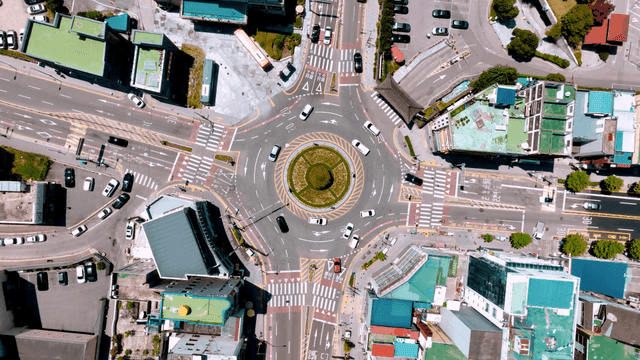 Aerial view of a busy urban roundabout