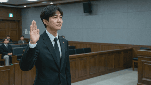 법정에서 선서하는 정장 입은 남성