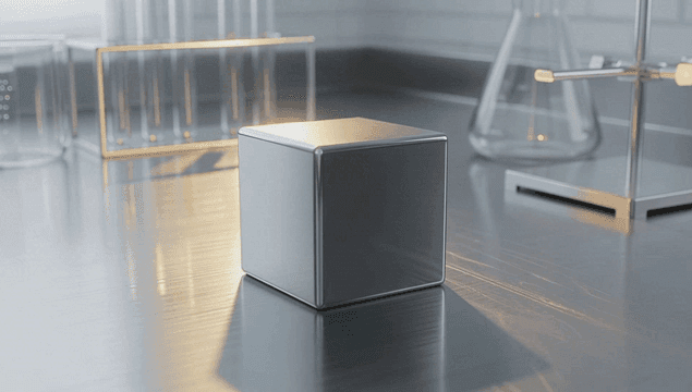 Metallic cube on a laboratory table