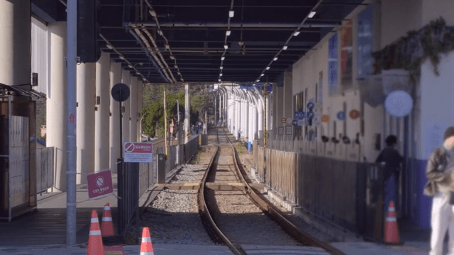 People walking around the railroad under the bridge