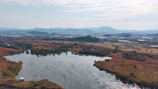 Vast landscape with serene river and distant city