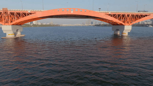 Wide river with bridge in city background
