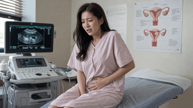 Female patient in pain wearing hospital gown