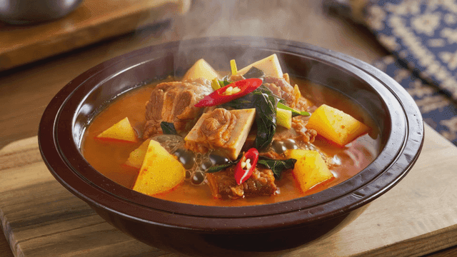 Hot bone hangover soup served in earthenware pot