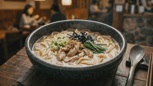 Steaming bowl of chicken kalguksu