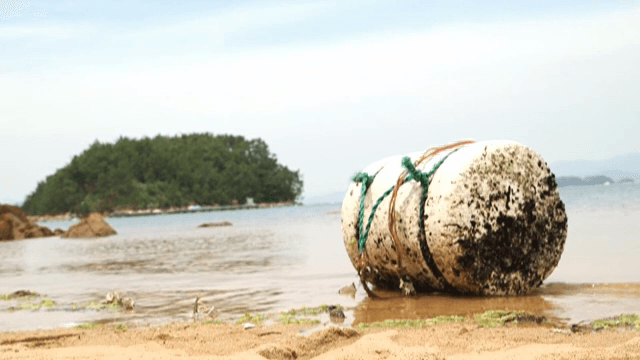 섬이 보이는 모래 해변의 부표