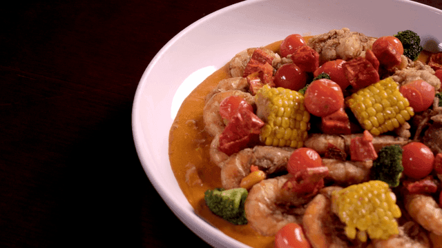 Gorgeous Cajun shrimp boil with shrimp and vegetables