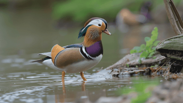 Colorful mandarin ducks standing in quiet stream