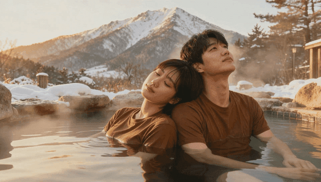 눈 덮인 산을 배경으로 온천에서 휴식을 취하는 커플