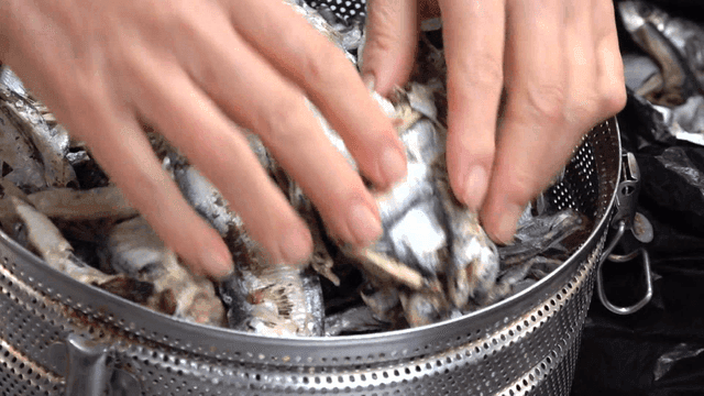 육수통에 담기는 말린 멸치와 밴댕이들