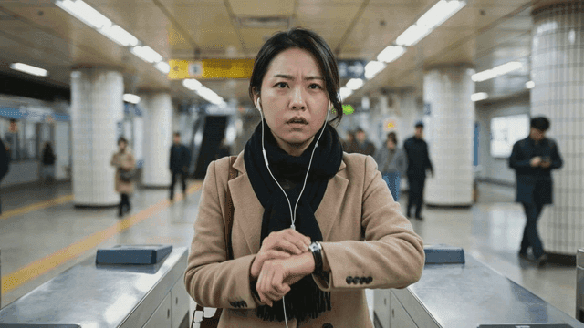Woman checking time at crowded subway station turnstile