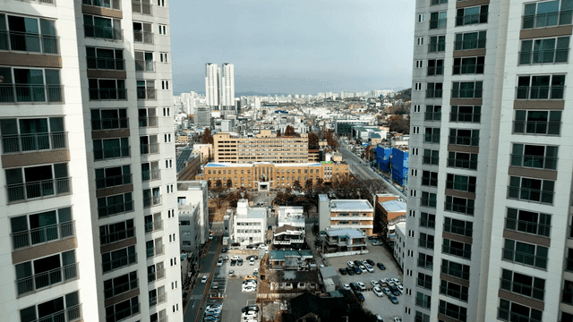 Bustling city landscape with tall buildings