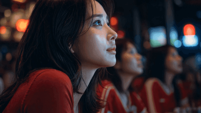 Woman watching game at lively bar