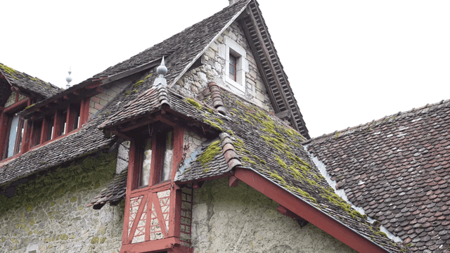 Rural European stone house with mossy roof