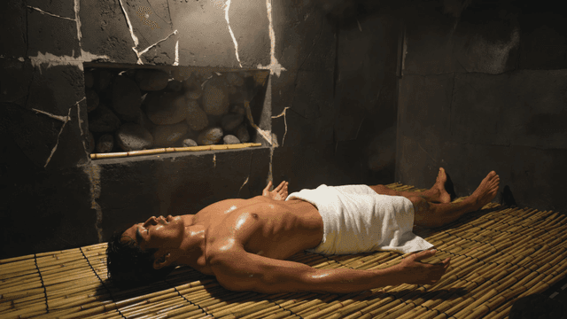 Man relaxing in a sauna with steam