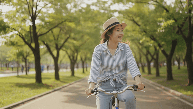 공원에서 자전거를 타며 즐거워하는 여성