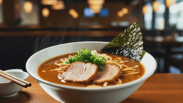 Bowl of hot ramen with toppings