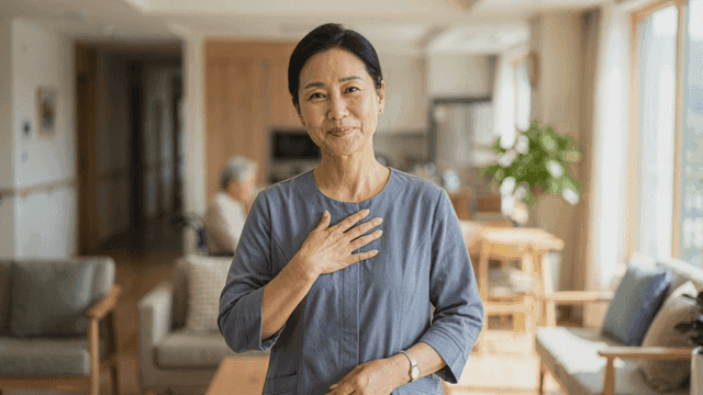 Woman smiling warmly in cozy nursing home living room